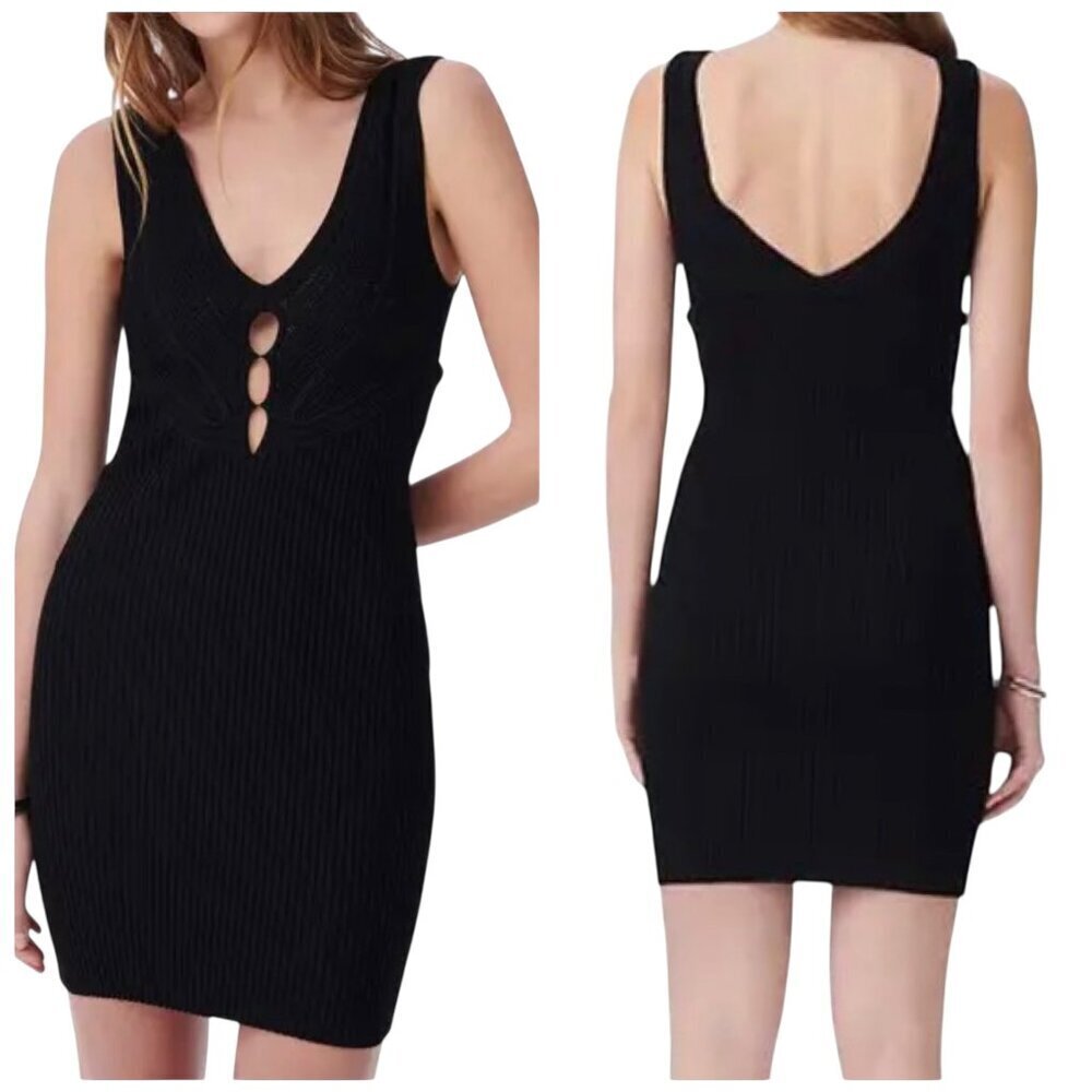 IRO Paris Nauria Black Knit Cutout V-Neck Bodycon Dress L NWT